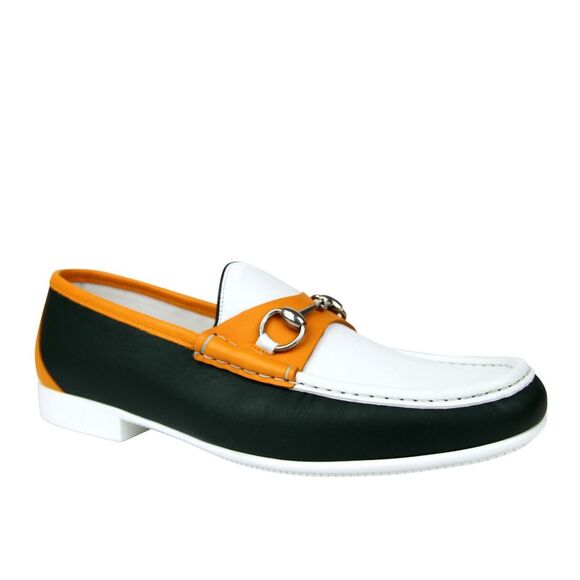 Gucci Men's Horsebit White / Dark Green / Orange Leather Loafer Moccasin
